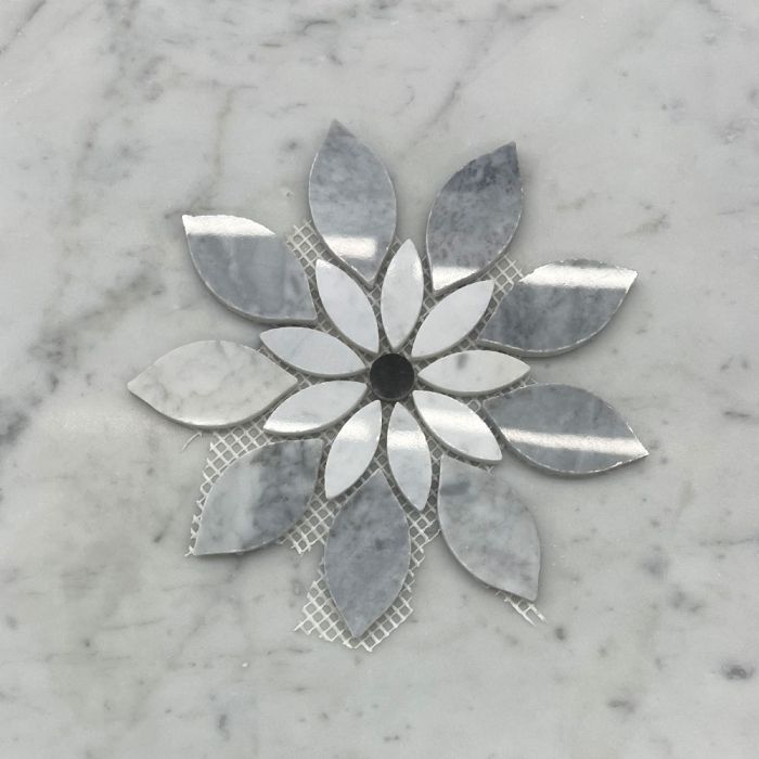 (Sample) Carrara White Marble Wildflower Rain Flower Waterjet Mosaic Tile w/ Bardiglio Gray & Nero Marquina Black Polished