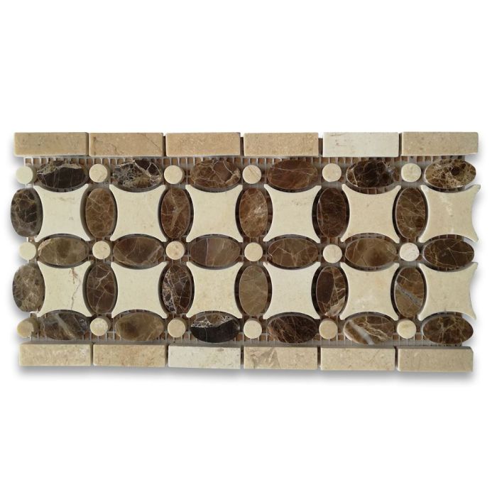 Emperador Dark Marble Flower Mosaic Border Listello Tile w/ Crema Marfil Beige Polished