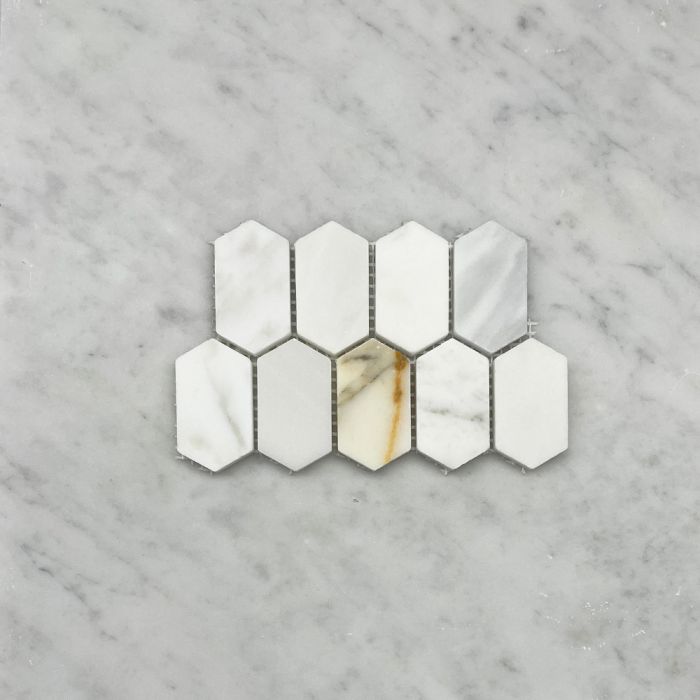 (Sample) Calacatta Gold Marble 1x2 Hive Picket Constellation Long Hexagon Mosaic Tile Honed