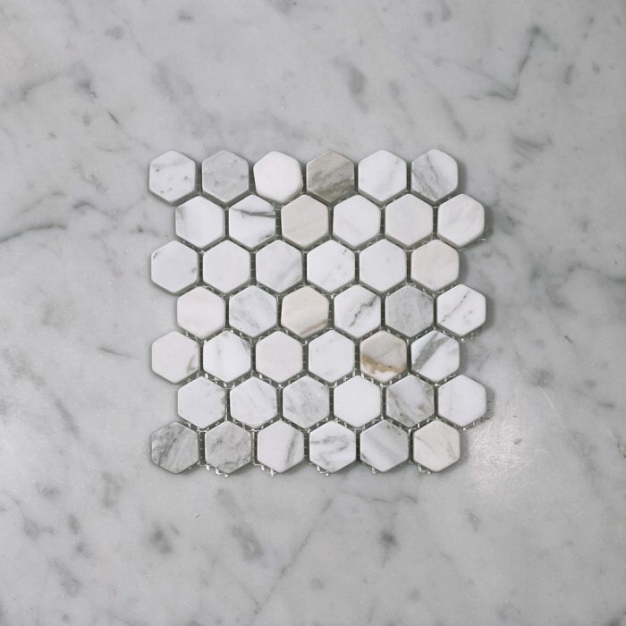 (Sample) Calacatta Gold Marble 1 inch Hexagon Mosaic Tile Tumbled