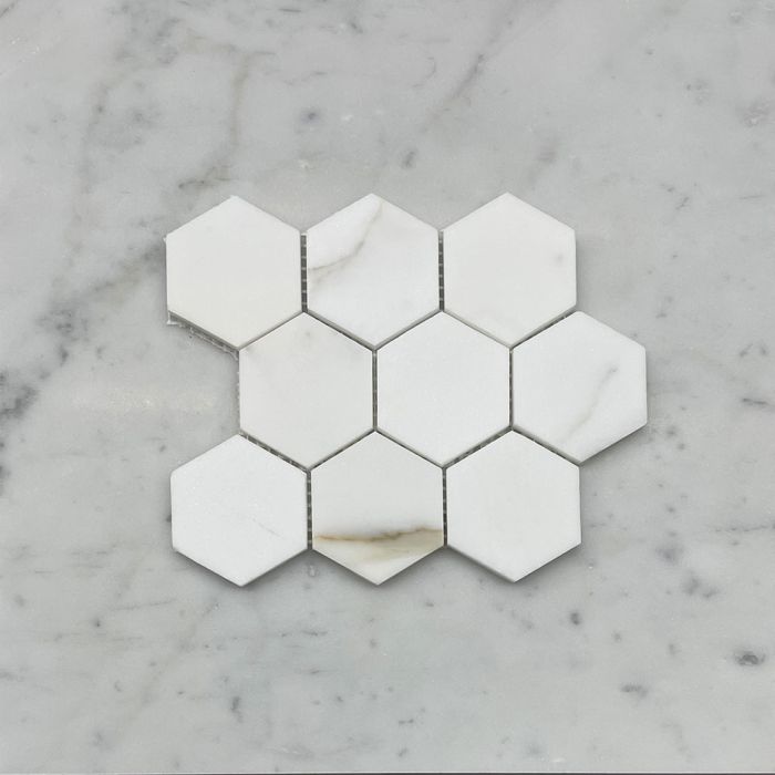 (Sample) Calacatta Gold Marble 2 inch Hexagon Mosaic Tile Honed