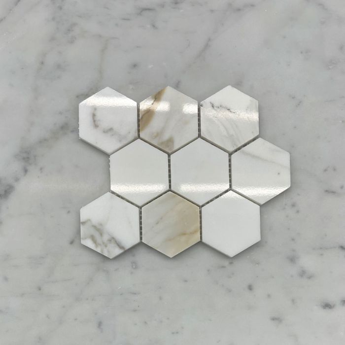 (Sample) Calacatta Gold Marble 2 inch Hexagon Mosaic Tile Polished
