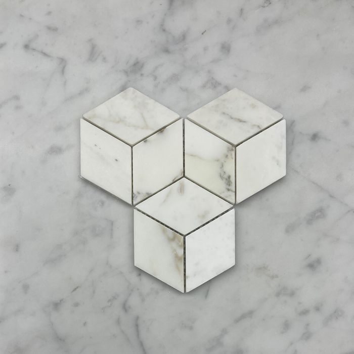 (Sample) Calacatta Gold Marble 2x3 Illusion 3D Cube Rhombus Diamond Hexagon Mosaic Tile Honed