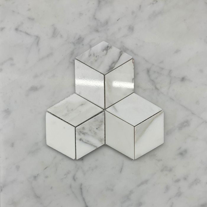 (Sample) Calacatta Gold Marble 2x3 Illusion 3D Cube Rhombus Diamond Hexagon Mosaic Tile Polished