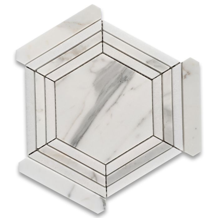 Calacatta Gold Marble 5 inch Hexagon Georama Geometric Mosaic Tile w/ Thassos White Strips Honed