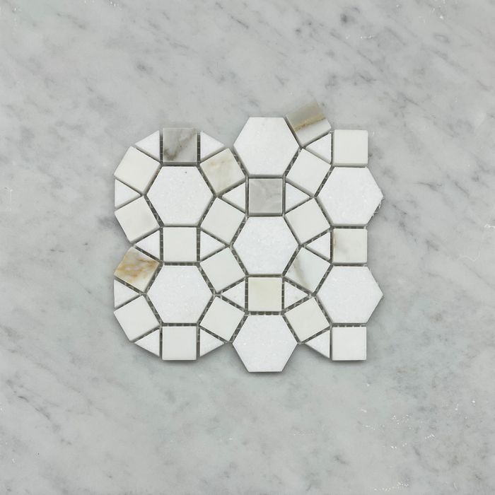 (Sample) Calacatta Gold Marble 1-1/2 inch Hexagon Sunflower Ring Waterjet Mosaic Tile w/ Thassos White Honed