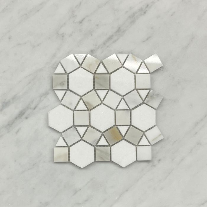 (Sample) Calacatta Gold Marble 1-1/2 inch Hexagon Sunflower Ring Waterjet Mosaic Tile w/ Thassos White Polished