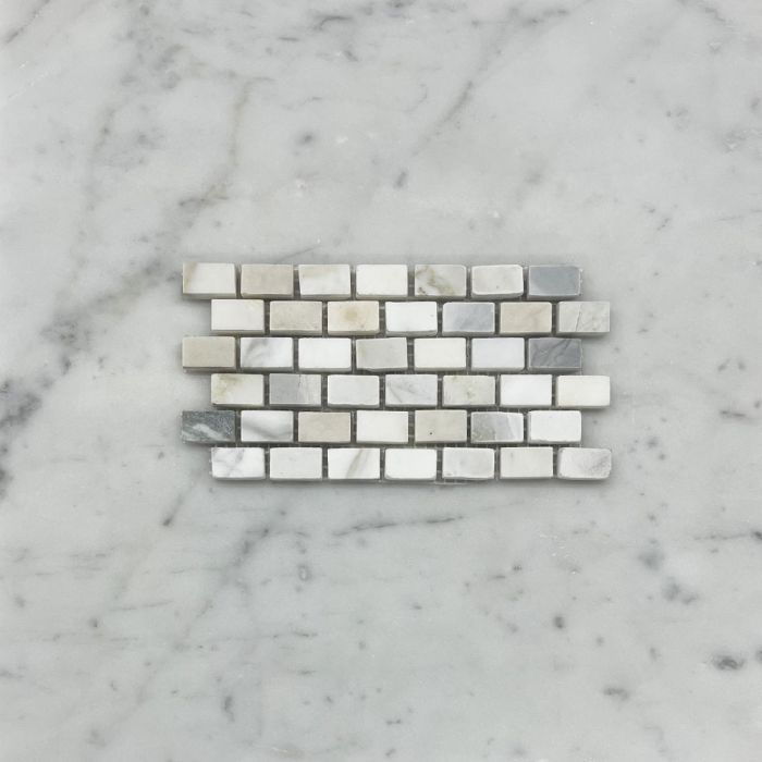 (Sample) Calacatta Gold Marble 5/8x3/4 Mini Brick Mosaic Tile Honed