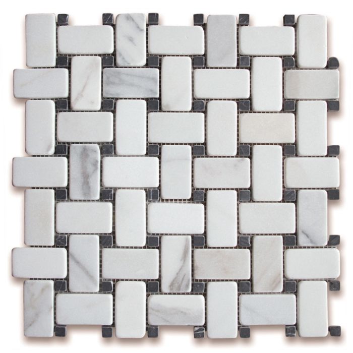 Calacatta Gold Marble 1x2 Basketweave Mosaic Tile w/ Nero Marquina Black Dots Tumbled