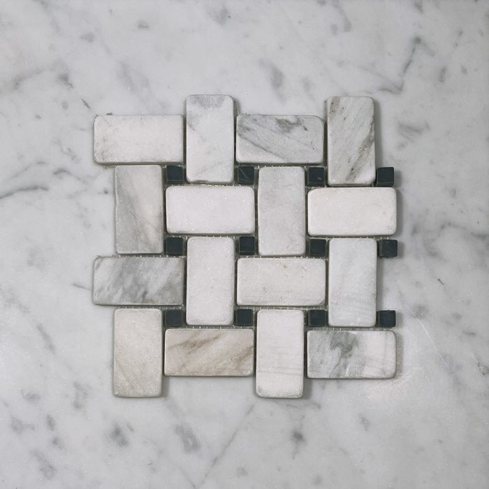 (Sample) Calacatta Gold Marble 1x2 Basketweave Mosaic Tile w/ Nero Marquina Black Dots Tumbled