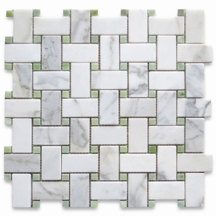 Calacatta Gold Marble 1x2 Basketweave Mosaic Tile w/ Green Jade Dots Honed