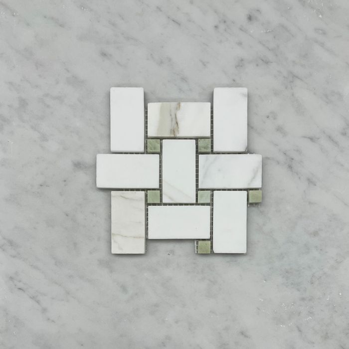 (Sample) Calacatta Gold Marble 1x2 Basketweave Mosaic Tile w/ Green Jade Dots Honed