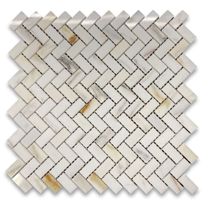 Calacatta Gold Marble 5/8x1-1/4 Herringbone Mosaic Tile Polished