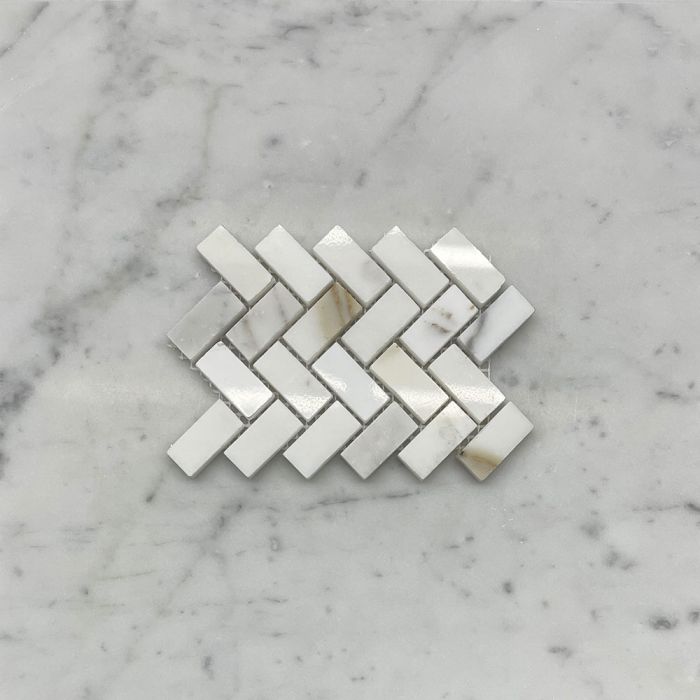 (Sample) Calacatta Gold Marble 5/8x1-1/4 Herringbone Mosaic Tile Polished