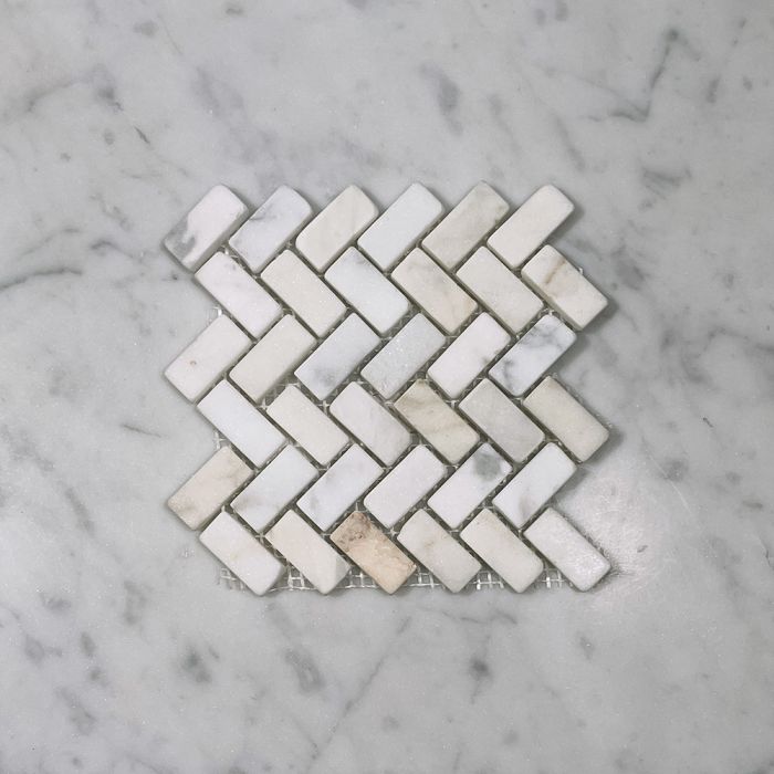 (Sample) Calacatta Gold Marble 5/8x1-1/4 Herringbone Mosaic Tile Tumbled