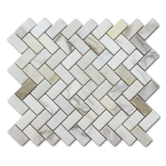 Calacatta Gold Marble 1x2 Herringbone Mosaic Tile Tumbled