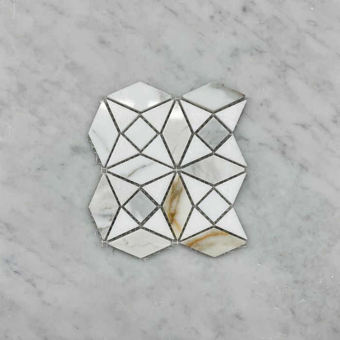 (Sample) Calacatta Gold Marble Kaleidoscope Diamond Mosaic Tile w/ Thassos White Honed Polished
