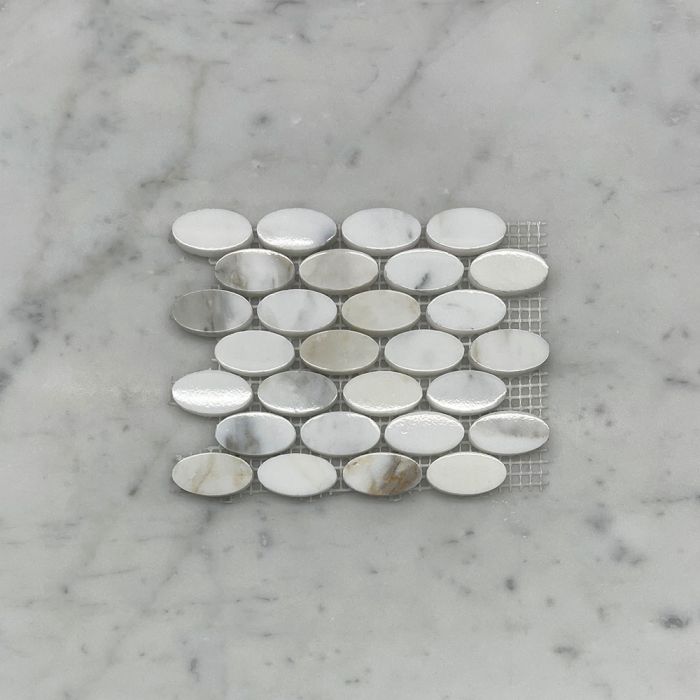(Sample) Calacatta Gold Marble 1-1/4x5/8 Oval Ellipse Mosaic Tile Polished