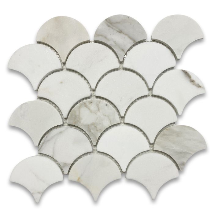 Calacatta Gold Marble Grand Fish Scale Fan Shape Mosaic Tile Honed