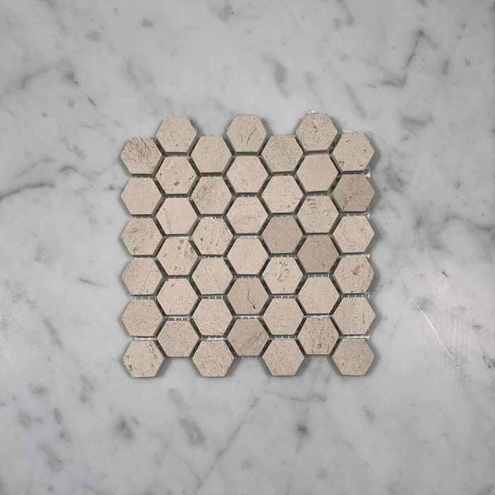 (Sample) Moleanos Beige Golden Beach Limestone 1 inch Hexagon Mosaic Tile Honed