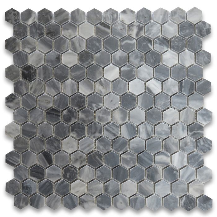 Honeycomb Polished White Thassos & Grey Bardiglio Marble Mosaic Tile 1 Sheet 