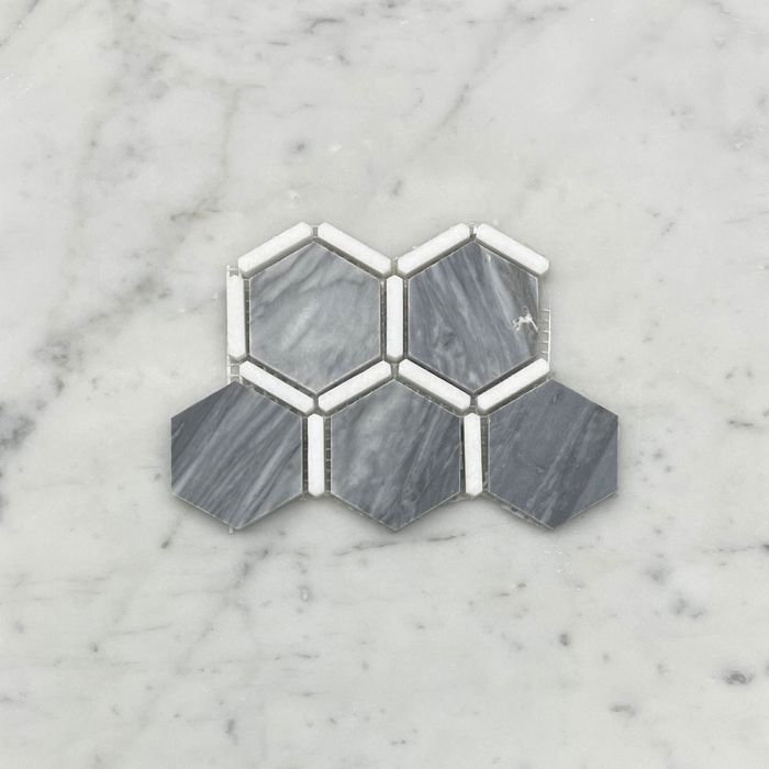 (Sample) Bardiglio Gray Marble 2 inch Hexagon Mosaic Tile w/ Thassos White Strips Honed
