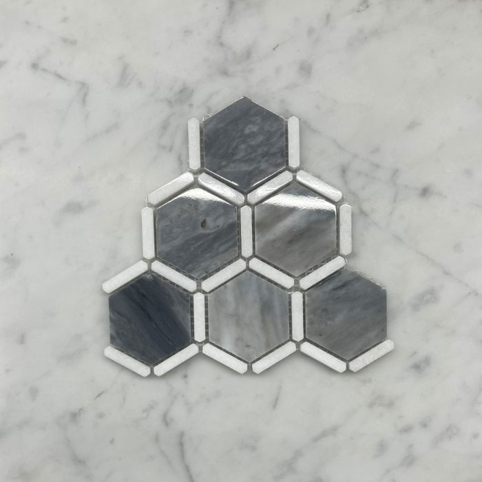 (Sample) Bardiglio Gray Marble 2 inch Hexagon Mosaic Tile w/ Thassos White Strips Polished