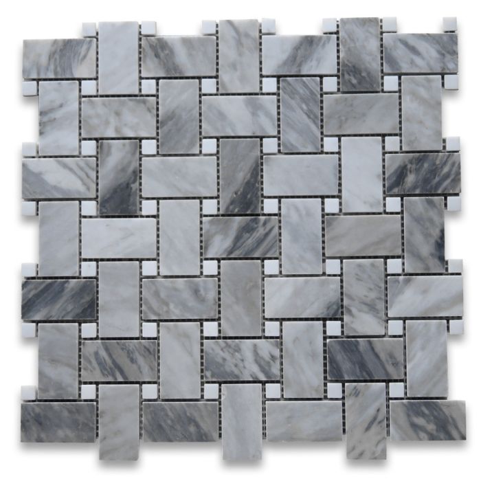 Bardiglio Gray Marble 1x2 Basketweave Mosaic Tile w/ Carrara White Dots Honed