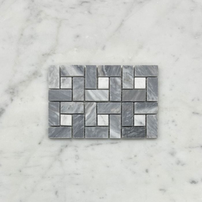 (Sample) Bardiglio Gray Marble Pinwheel Windmill Spiral Target Mosaic Tile w/ Carrara White Dots Honed