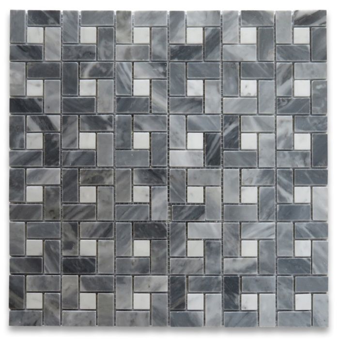 Bardiglio Gray Marble Pinwheel Windmill Spiral Target Mosaic Tile w/ Carrara White Dots Polished