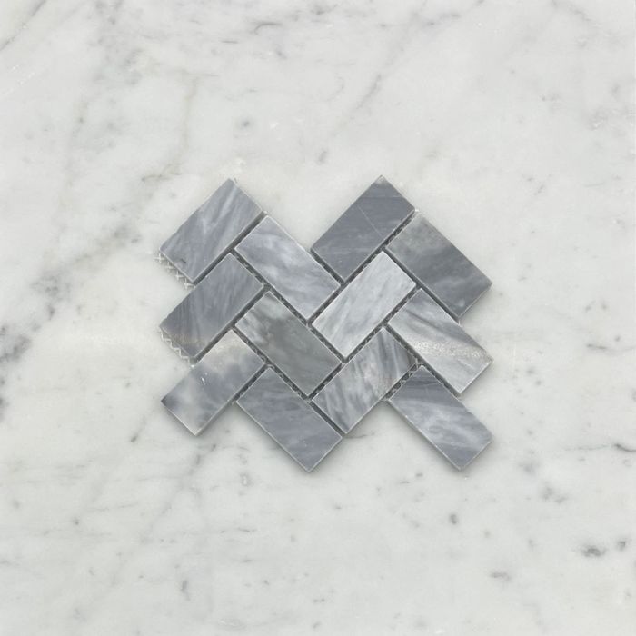 (Sample) Bardiglio Gray Marble 1x2 Herringbone Mosaic Tile Honed