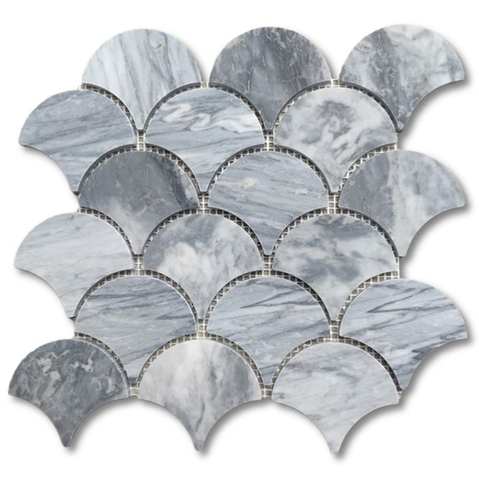 Bardiglio Gray Marble Grand Fish Scale Fan Shape Mosaic Tile Honed