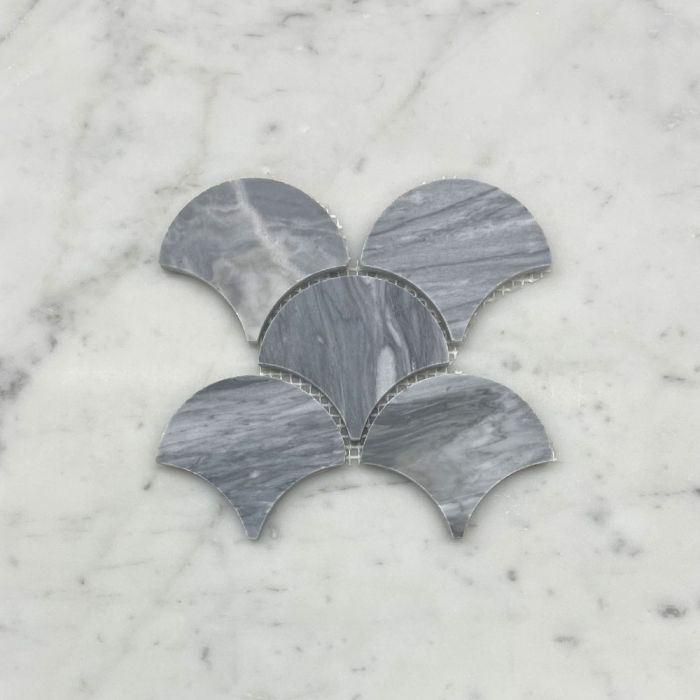 (Sample) Bardiglio Gray Marble Grand Fish Scale Fan Shape Mosaic Tile Honed