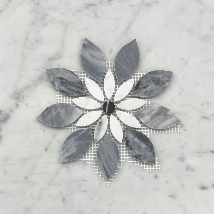 (Sample) Bardiglio Gray Marble Wildflower Rain Flower Waterjet Mosaic Tile w/ Carrara White & Nero Marquina Black Honed