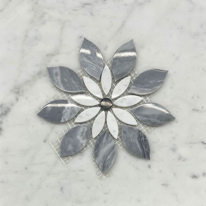 (Sample) Bardiglio Gray Marble Wildflower Rain Flower Waterjet Mosaic Tile w/ Carrara White & Nero Marquina Black Polished