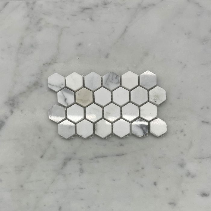 (Sample) Statuary White Marble 1 inch Hexagon Mosaic Tile Polished