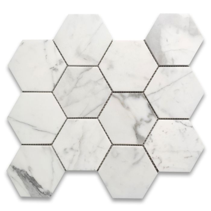 Statuary White Marble 4 inch Hexagon Mosaic Tile Honed