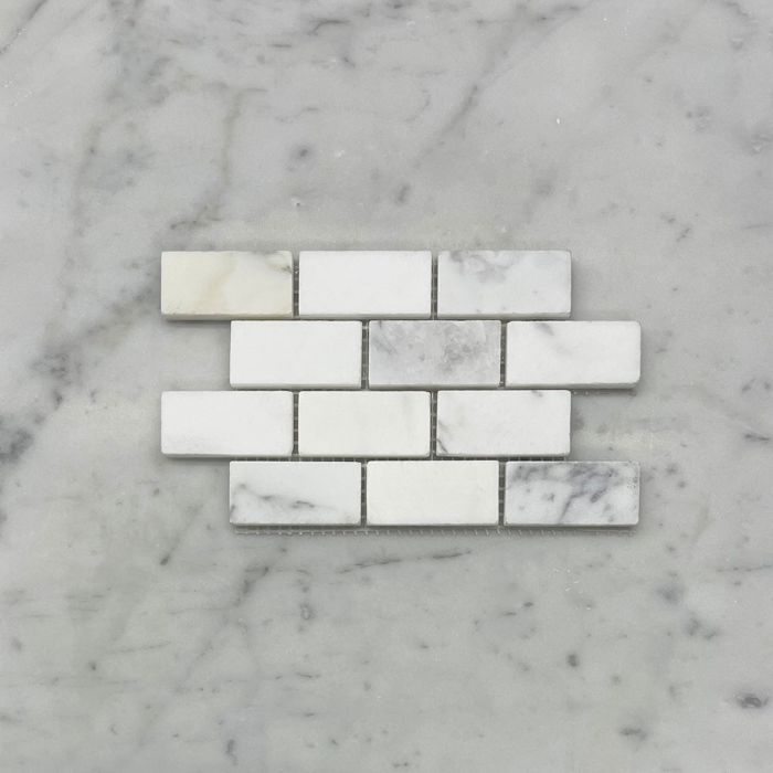 (Sample) Statuary White Marble 1x2 Medium Brick Mosaic Tile Honed