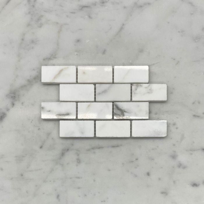 (Sample) Statuary White Marble 1x2 Medium Brick Mosaic Tile Polished