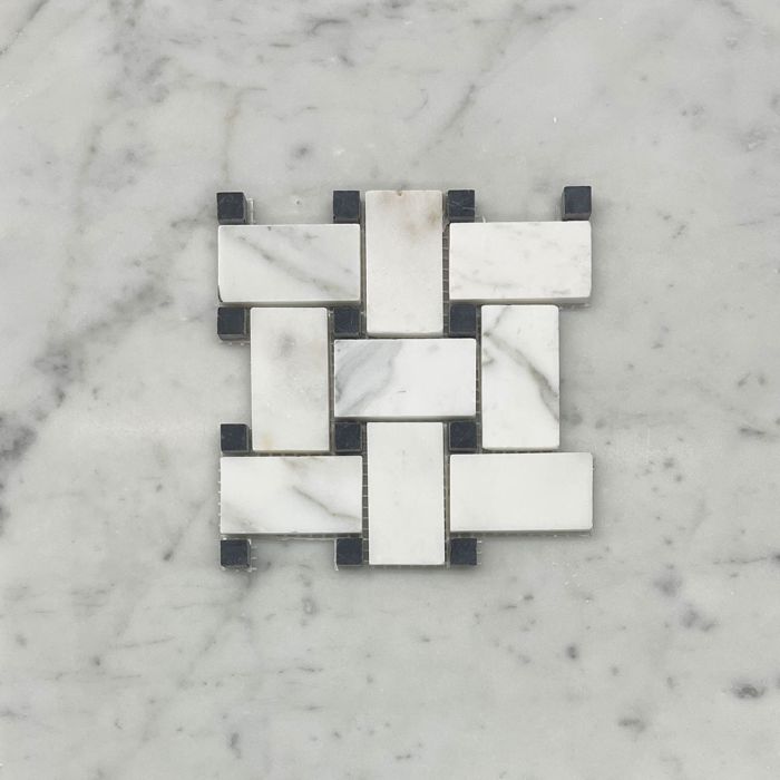 (Sample) Statuary White Marble 1x2 Basketweave Mosaic Tile w/ Nero Marquina Black Dots Honed
