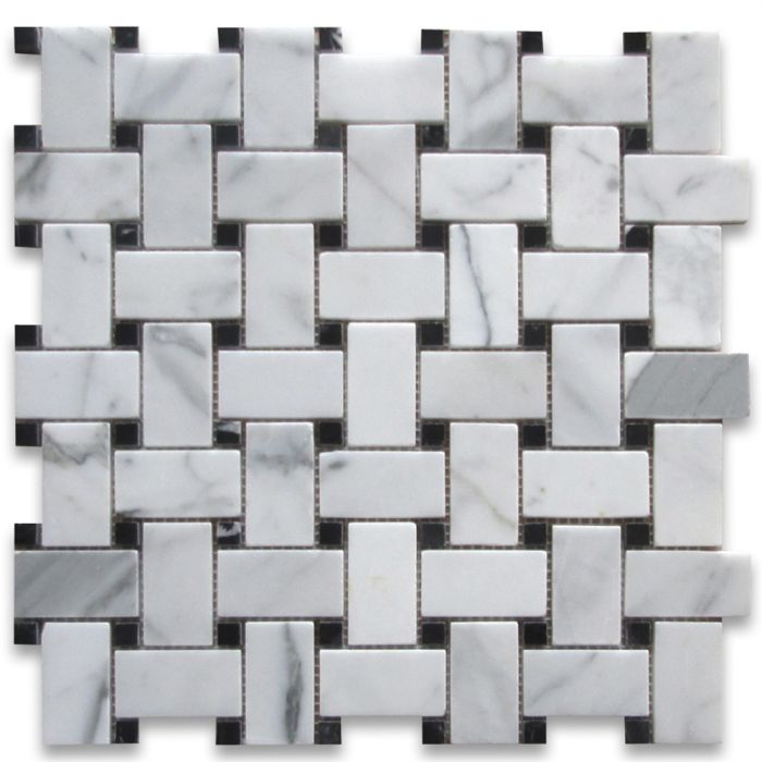 Statuary White Marble 1x2 Basketweave Mosaic Tile w/ Nero Marquina Black Dots Honed