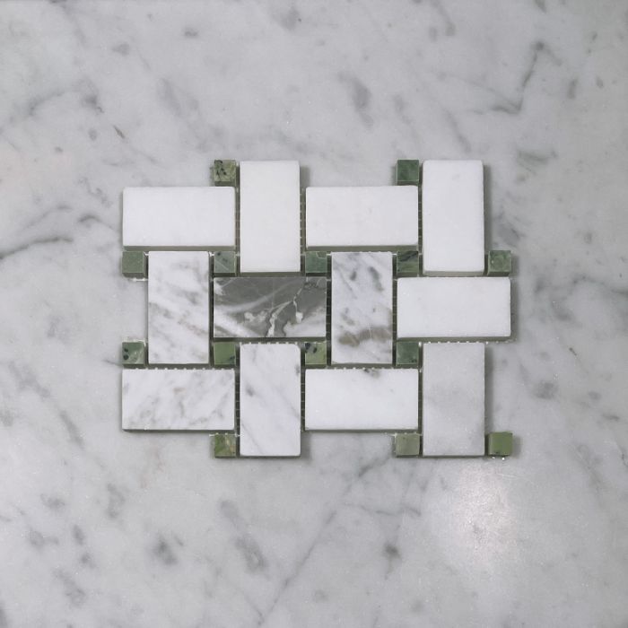 (Sample) Statuary White Marble 1x2 Basketweave Mosaic Tile w/ Green Jade Dots Honed