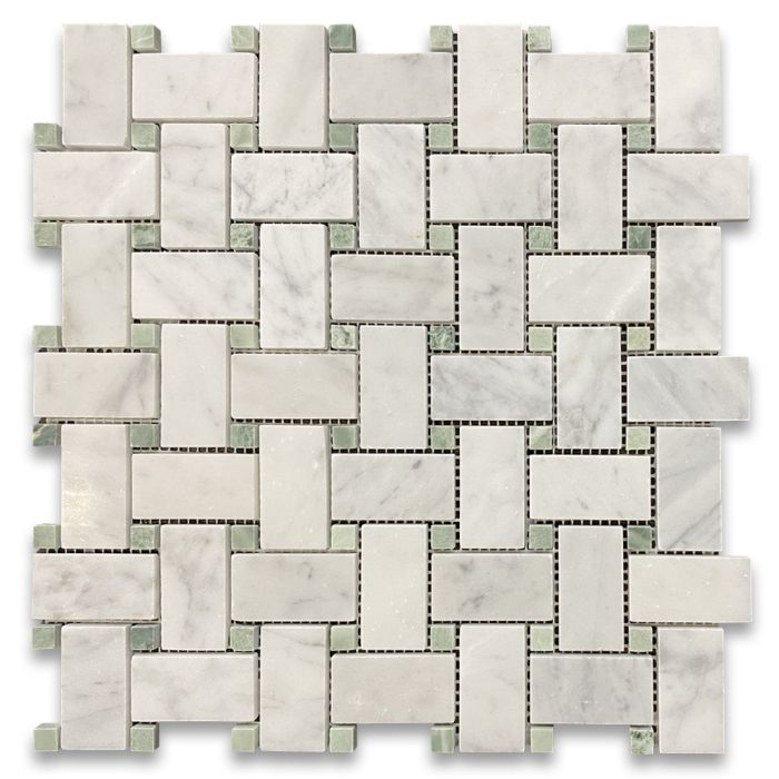 Statuary White Marble 1x2 Basketweave Mosaic Tile w/ Green Jade Dots Honed