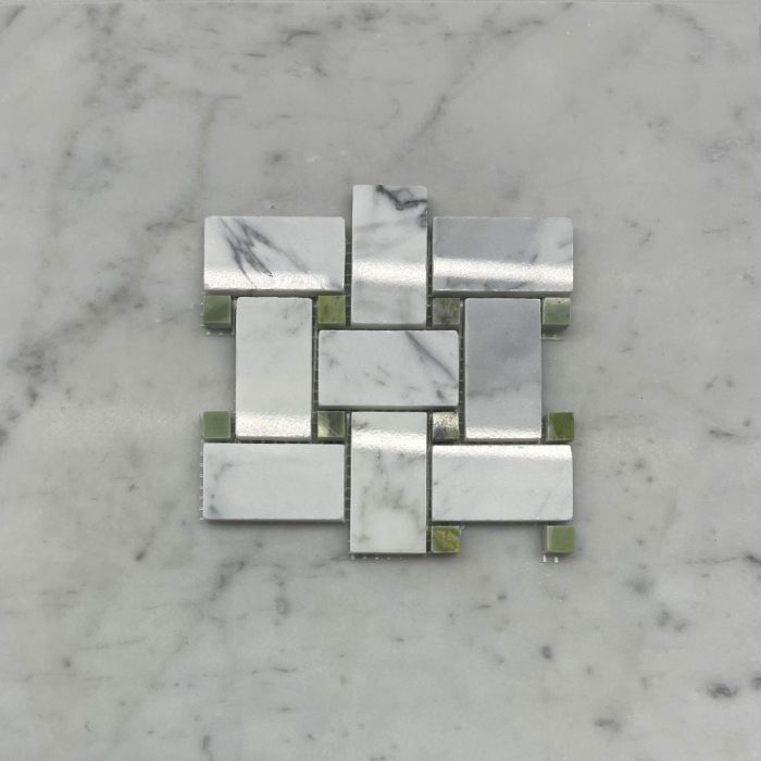 (Sample) Statuary White Marble 1x2 Basketweave Mosaic Tile w/ Green Jade Dots Polished
