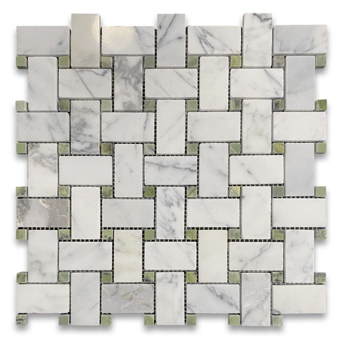 Statuary White Marble 1x2 Basketweave Mosaic Tile w/ Green Jade Dots Polished