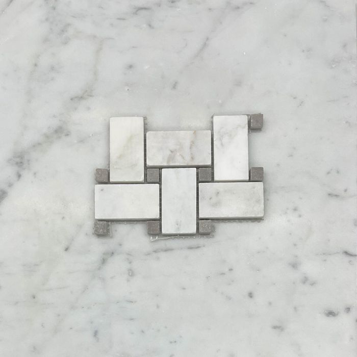 (Sample) Statuary White Marble 1x2 Basketweave Mosaic Tile w/ Cinderella Gray Tan Dots Honed