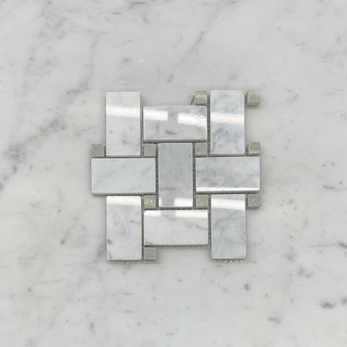 (Sample) Statuary White Marble 1x2 Basketweave Mosaic Tile w/ Cinderella Gray Tan Dots Polished
