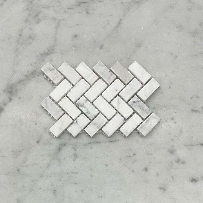(Sample) Statuary White Marble 5/8x1-1/4 Herringbone Mosaic Tile Honed