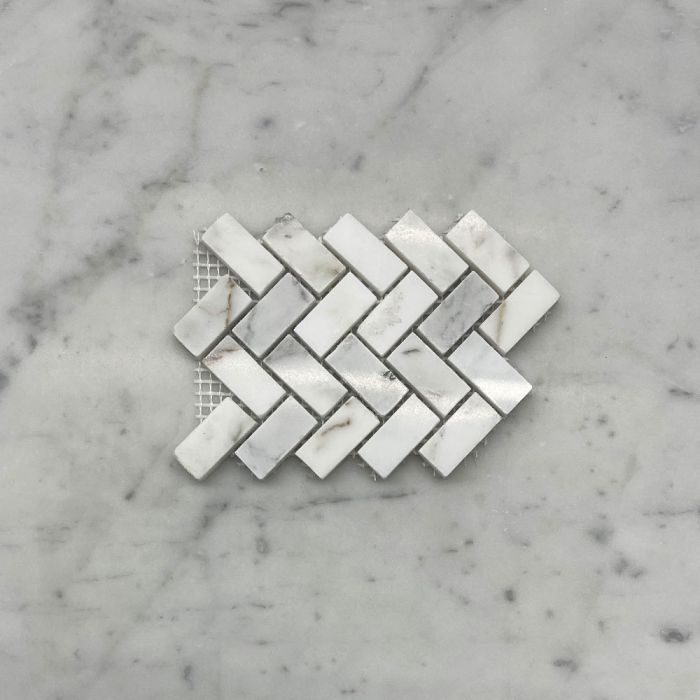 (Sample) Statuary White Marble 5/8x1-1/4 Herringbone Mosaic Tile Polished