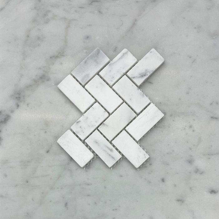 (Sample) Statuary White Marble 1x2 Herringbone Mosaic Tile Honed